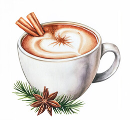 Hot coffee drink with cinnamon stick and star anise. Watercolor illustration for Christmas and New Year holiday. Aroma beverage for greeting card.