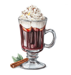 Watercolor illustration of a mulled wine drink in a glass mug with whipped cream and cinnamon stick. Festive beverage for New Year celebration.