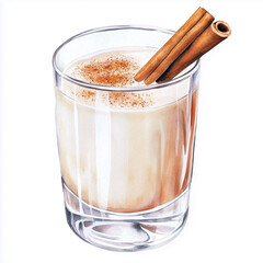 Watercolor illustration of eggnog drink with cinnamon sticks and nutmeg spice in a glass, a festive beverage for Christmas, New Year, and holidays.