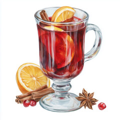 Red mulled wine in glass mug with orange slice. Watercolor illustration for Holiday greeting card. Winter drink with spice.
