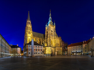 Fototapeta premium Night view of Metropolitan Cathedral of Saints Vitus, Wenceslaus and Adalbert in Prague, Czech Republic. Architecture and landmark of Prague.