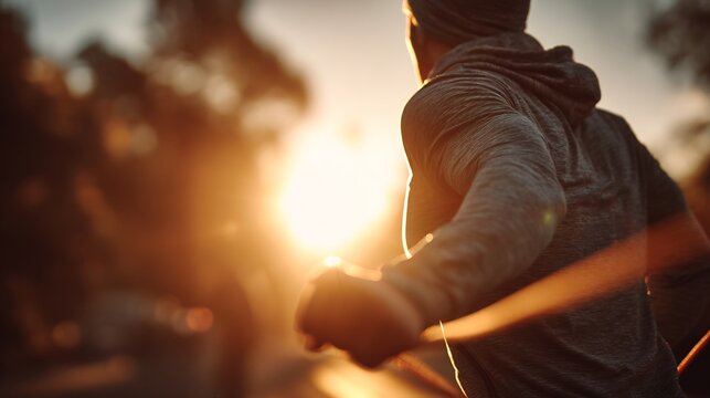 Faceless athlete performing resistance band warm up before light jog outdoor sunlight energy filled environment - Powered by Adobe