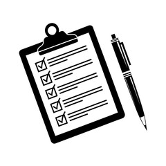 Checklist clipboard with pen &ndash; task list with check marks, planner and notes icon &ndash; simple black vector illustration