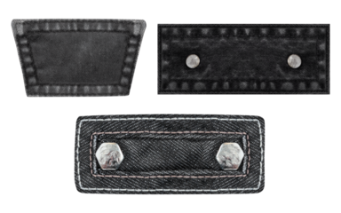Isolated photo of various black colored denim patches with rivets or studs on white background.