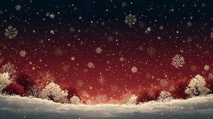 Snowy forest with golden snowflakes and red trees under a dark sky winter falling snow photo