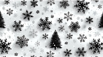Black Snowflakes and Christmas Tree Silhouette on White Background image photo