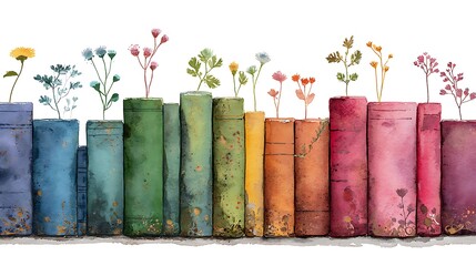 Watercolor illustration of a vibrant rainbow row of antique books with delicate wildflowers blooming from their pages