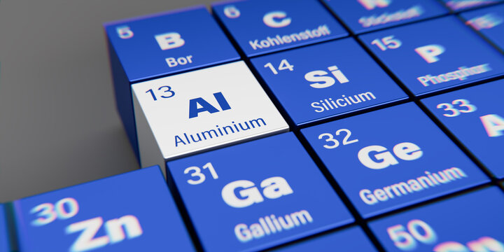 Detail view of chemical element Al Aluminum (German: Aluminium) with atomic number 13 within the periodic table of elements in German. Dynamic dispersion effect at the corners, shallow depth of field.