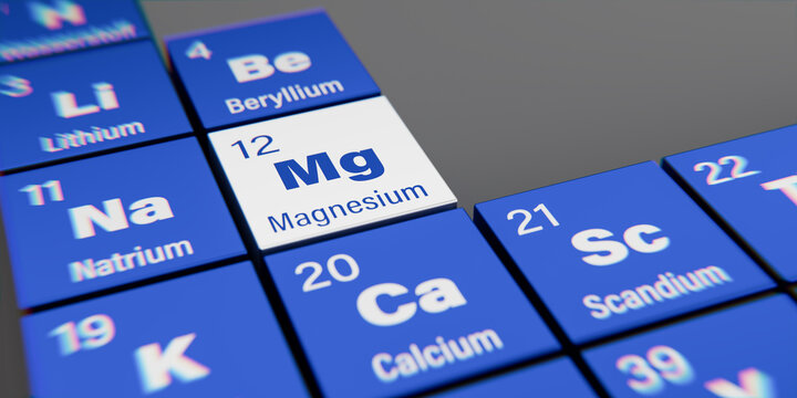 Detail view of the chemical element Mg Magnesium with the atomic number 12 within the periodic table of elements in German. Dynamic dispersion effect at the corners and shallow depth of field.