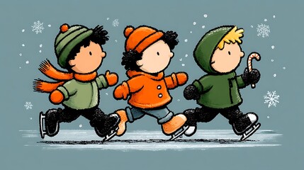 Three Cartoon Children Ice Skating in Winter with Candy Cane Keywords: ice skating, children, cartoon, winter, snow,... photo