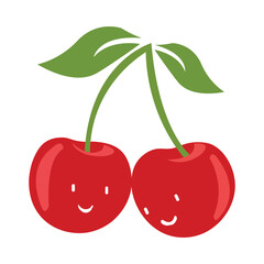 Cute Cartoon Cherries with Smiling Faces, Happy Fruit Character Vector Illustration
