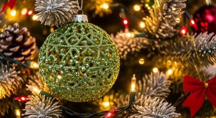 A close-up shot of a Christmas tree features a prominent green glittery ornament, pine cone, red bow, and festive lights against a dark background.