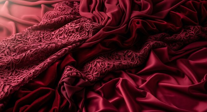 A close-up, overhead view of draped burgundy velvet and satin fabrics, accented with intricate lace details.