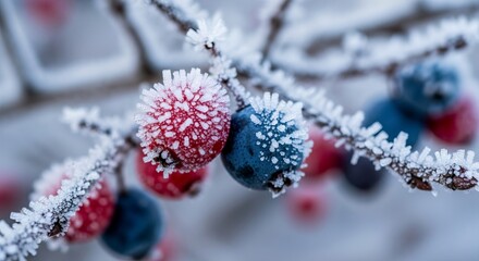 Close-up of red and blue berries on a frosted branch, with intricate ice crystals coating the fruit and stem.