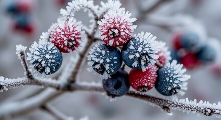 A macro shot of red and blue berries on a frosted branch, showcasing intricate ice crystal formations on their surfaces.