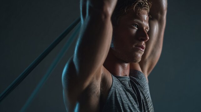 Faceless athlete performing shoulder mobility stretches band focused motion realism recovery exercise atmosphere