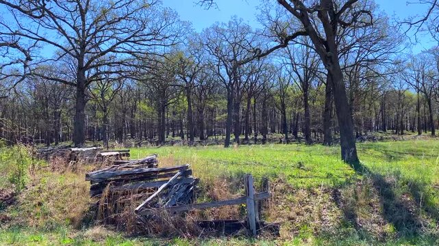 Pea Ridge, Arkansas: Pea Ridge National Military Park, battlefield of US Civil War Battle of Pea Ridge. Split rail fence with tall grass and treeline.