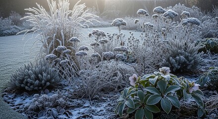Frosted garden plants and grass bathed in soft morning light, showcasing delicate ice crystals on leaves and foliage with subtle pink blooms.