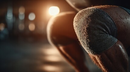 Faceless athlete performing squats knee brace gentle sunlight entering rehab gym recovery training concept