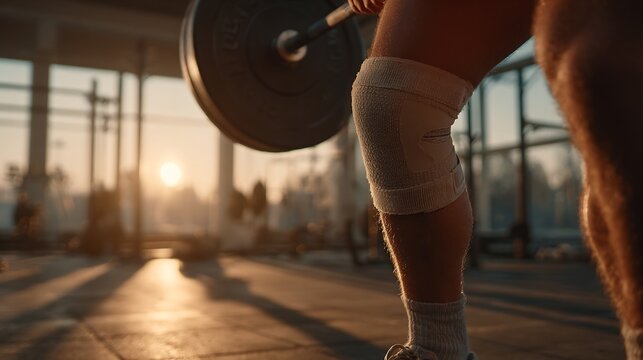 Faceless athlete performing squats knee brace gentle sunlight entering rehab gym recovery training concept