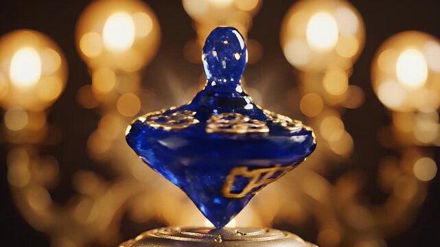 Close Up of Blue Glass Dreidel with Gold Lettering Standing on Pedestal Against Blurred Candleabras on Black Background Illuminated By Warm Lighting