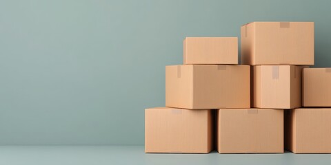 Obraz premium Supply chain and import tariff, Stacked cardboard boxes against a simple green backdrop.