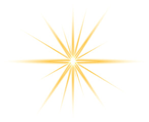 Obraz premium Glowing golden starburst light effect with bright rays on a transparent background, perfect for digital overlay and visual enhancement. Lights flare, star flash light, white sun rays.