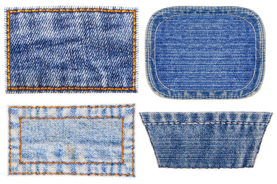 Isolated photo of various blue colored denim patches with stitch bordering on white background.