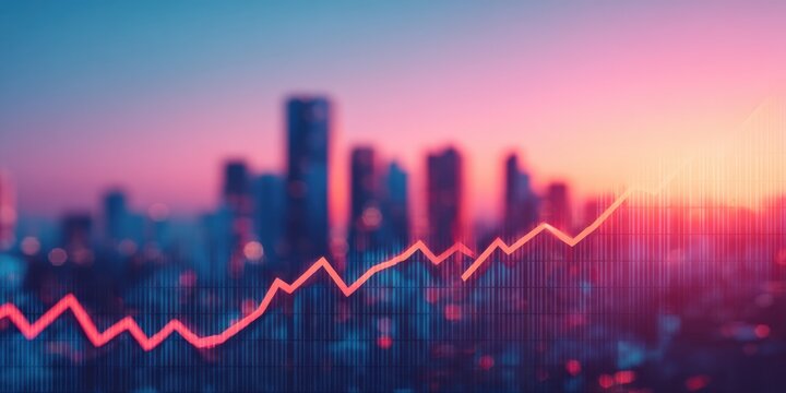 Supply chain and import tariff, City skyline with a rising graph overlay at sunset.