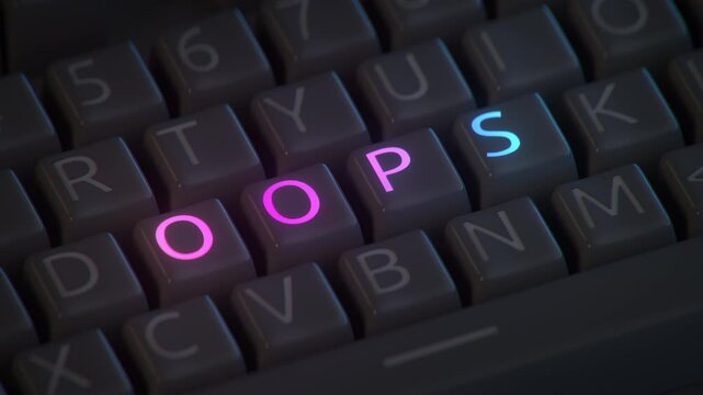 Сomputer keyboard with the text oops on it's keys. Seamless loop 3D render animation