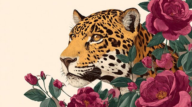 Majestic jaguar emerging from a lush garden of deep red roses
