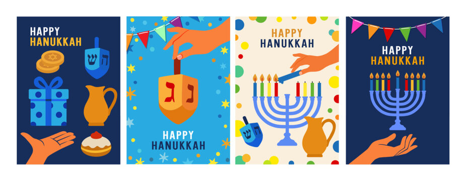 Hanukkah greetings set with menorah, dreidel, gift and hands. Modern vector design for traditional jewish holiday Festival of Light. Menorah, candles, gelt and sufganiyot illustrations
