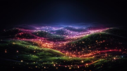Abstract glowing digital landscape of colorful flowing particles
