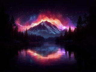 Snow capped mountain and aurora reflected on a tranquil forest lake