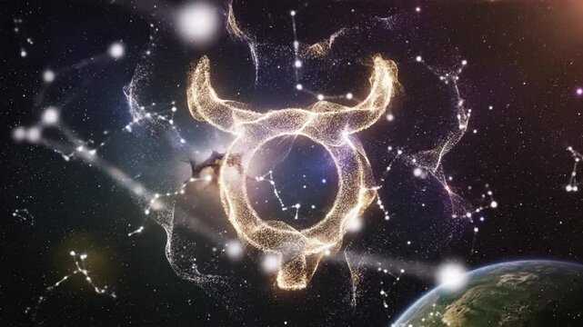 Mystical depiction of the taurus astrological sign against a backdrop of a nebula and starry universe