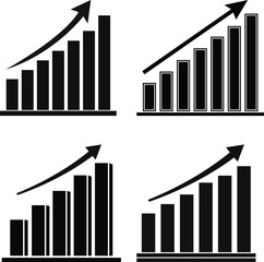 Growing bar chart icons set with upward arrow, business analytics, revenue increase, success trend &ndash; black vector