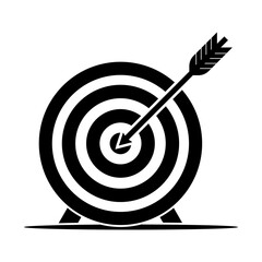 Archery target on stand with arrow in bullseye, business goal and accuracy success icon &ndash; black vector symbol.