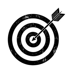 Grunge bullseye target with arrow hitting center; accuracy, success, business goal symbol icon &ndash; black vector.