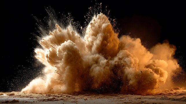 Dramatic explosion of sand and dust captured in mid air against a dark background
