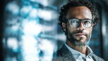 Contemplative Gaze: Portrait of a focused man wearing glasses, exuding intelligence and thoughtfulness. Set against an intriguing backdrop, the image conveys a sense of depth and contemplation.