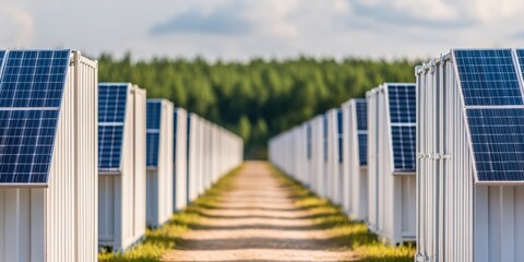 Obraz premium Supply chain and import tariff, Colorful shipping containers with solar panels at sunset.