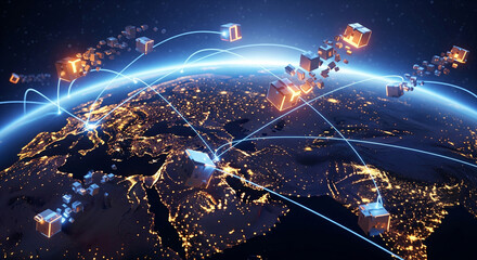 Global network visualization with illuminated cities and data transfer lines, showcasing interconnected digital communication and logistics across continents in a modern technological landscape