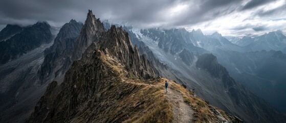 Solo trail runner moving along a narrow mountain ridge under dramatic storm clouds
