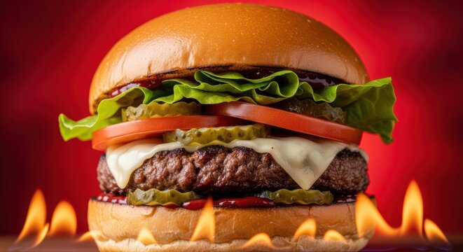 Hamburguesa reci&eacute;n hecha con fuego debajo sobre fondo rojo, p&oacute;ster de comida ardiente