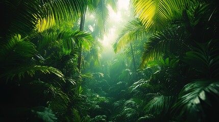 Lush Tropical Foliage with Sunlight Filtering Through