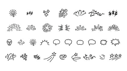 Comic speech effect icons, manga doodle elements set.