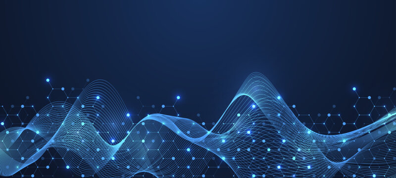 Molecular abstract structure and genetic engineering DNA. Healthcare and medicine background concept. Scientific research background. Wave flow. Innovation pattern. Vector illustration.