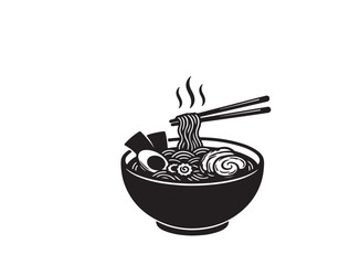Hot Ramen Bowl Silhouette, Black and White Japanese Noodle Illustration with Chopsticks and Steam