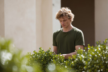 young man carefully trims grapevines in flourishing garden embodying essence of nurturing nature