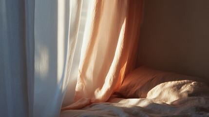 morning light softly filters through sheer curtains casting delicate patterns on crisp bed linens